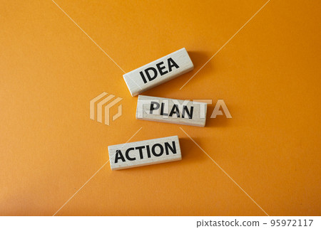Idea Plan Action symbol. Wooden blocks with words Idea Plan Action. Beautiful orange background. Business and Idea Plan Action concept. Copy space. 95972117