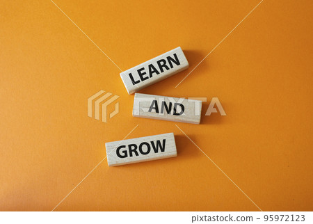 Learn and grow symbol. Concept words Learn and grow on wooden blocks. Beautiful orange background. Business and Learn and grow concept. Copy space. Learn and grow symbol. Concept words Learn and grow on wooden blocks. Beautiful orange background. Business and Learn and grow concept. Copy space. 95972123