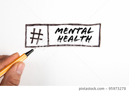 Mental health. Text and hashtag sign on white background 95973278