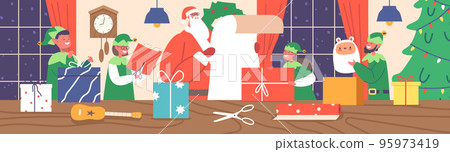 Santa Claus Working With Elves In Office Room Reading Gift List and Prepare Presents to Kids for Christmas And New Year Santa Claus Working With Elves In Office Room Reading Gift List and Prepare Presents to Kids for Christmas And New Year 95973419
