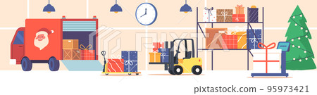 Santa Claus Office or Warehouse Interior with Gifts in Truck, Forklift, Manual Trolley and Shelf with Presents 95973421