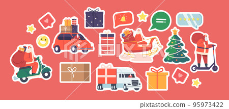 Set of Stickers Santa Deliver Gifts on Different Transport Modes. Noel Character Drive by Scooter, Moped, Sled or Truck Set of Stickers Santa Deliver Gifts on Different Transport Modes. Noel Character Drive by Scooter, Moped, Sled or Truck 95973422
