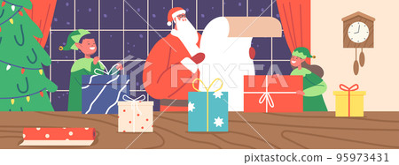 Santa Claus Reading Gift List With Elves In Office Room Interior, Prepare Presents to Kids for Christmas And New Year Santa Claus Reading Gift List With Elves In Office Room Interior, Prepare Presents to Kids for Christmas And New Year 95973431