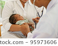 Newborn baby boy visiting the doctor for checkup health 95973606
