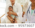 Newborn baby boy visiting the doctor for checkup health 95973607