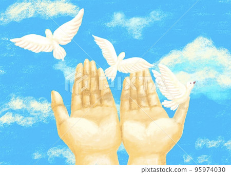 In a pastel style, three white doves are flapping from the palm of the hand to the blue sky 95974030