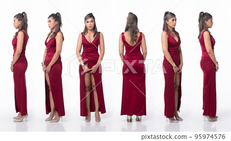 Full length body Asian 40s 50s Woman wear Red Velvet Evening Gown long ball high heel shoes. Grey Silver Hair Elegance Female stand poses fashion vintage 360 turn over white background isolated 95974576