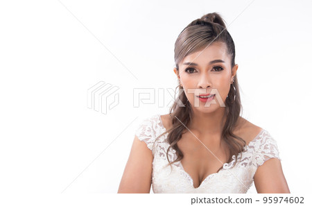 Half body face Asian 40s 50s Woman wear White Lace Wedding Evening Gown dress high heel shoes. Grey Silver Hair Elegance Female stand poses fashion vintage look happy smile over white background Half body face Asian 40s 50s Woman wear White Lace Wedding Evening Gown dress high heel shoes. Grey Silver Hair Elegance Female stand poses fashion vintage look happy smile over white background 95974602