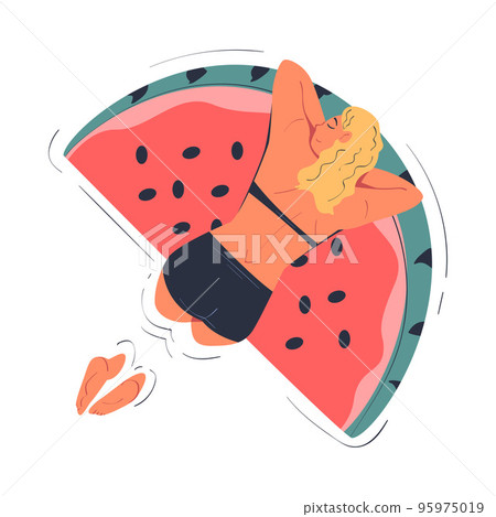 Woman Character Floating on Watermelon Air Mattress in Swimming Pool Vector Illustration Woman Character Floating on Watermelon Air Mattress in Swimming Pool Vector Illustration 95975019