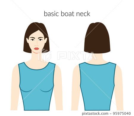 Basic boat neckline clothes character beautiful lady in aqua top, shirt, dress technical fashion illustration Basic boat neckline clothes character beautiful lady in aqua top, shirt, dress technical fashion illustration 95975040