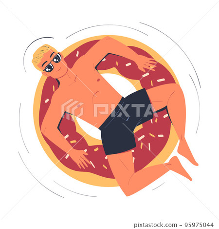 Man Character in Sunglasses Floating on Rubber Ring in Swimming Pool Vector Illustration 95975044