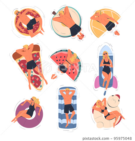 People Characters Floating on Air Mattress or Rubber Rings in Swimming Pool Vector Set People Characters Floating on Air Mattress or Rubber Rings in Swimming Pool Vector Set 95975048