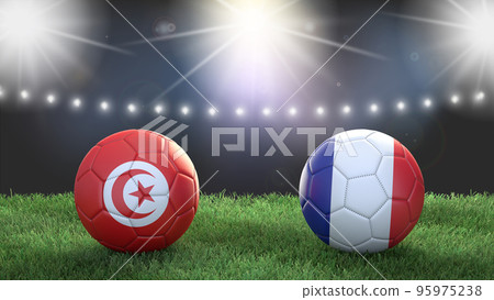 Two soccer balls in flags colors on stadium blurred background. Tunisia vs France. 3d image 95975238