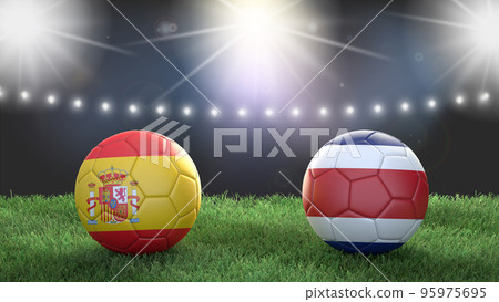 Two soccer balls in flags colors on stadium blurred background. Spain vs Costa Rica. 3d image Two soccer balls in flags colors on stadium blurred background. Spain vs Costa Rica. 3d image 95975695