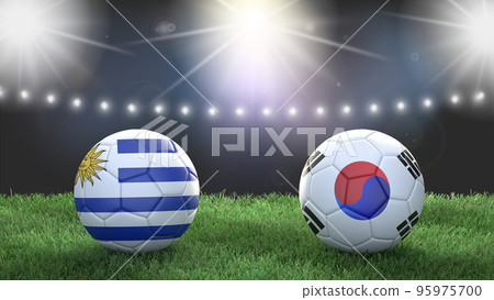 Two soccer balls in flags colors on stadium blurred background. Uruguay vs South Korea. 3d image Two soccer balls in flags colors on stadium blurred background. Uruguay vs South Korea. 3d image 95975700