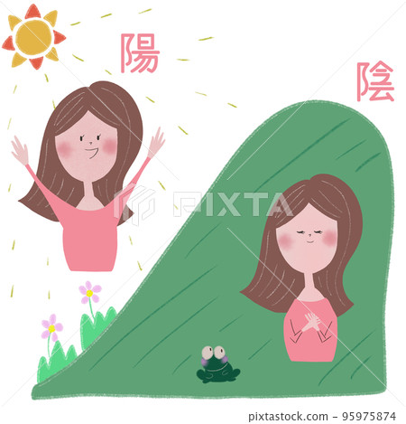 一個插圖顯示了東方醫學的陰陽理論，暴露在陽光下的陽和不暴露在陽光下的陰之間的區別。 95975874