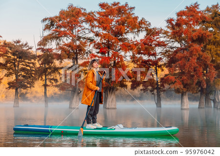 Young woman on stand up paddle board at the lake with Taxodium trees. Woman on SUP board Young woman on stand up paddle board at the lake with Taxodium trees. Woman on SUP board 95976042
