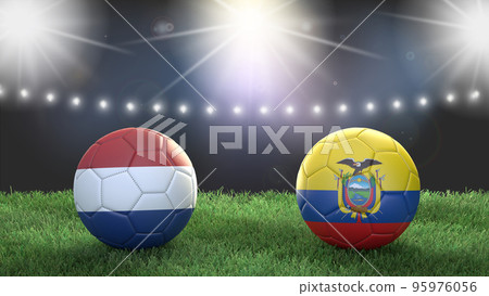 Two soccer balls in flags colors on stadium blurred background. Netherlands vs Ecuador. 3d image Two soccer balls in flags colors on stadium blurred background. Netherlands vs Ecuador. 3d image 95976056