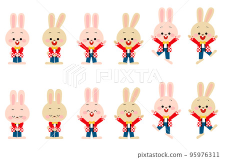 Rabbit pair pose set wearing happi coat Rabbit pair pose set wearing happi coat 95976311