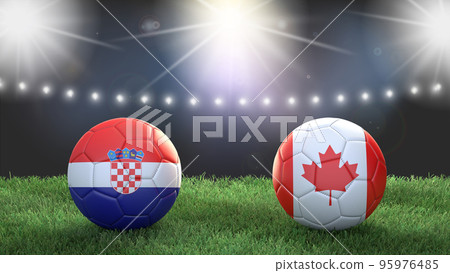 Two soccer balls in flags colors on stadium blurred background. Croatia vs Canada. 3d image 95976485