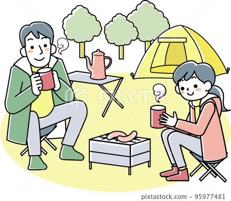 Young woman and man sitting outdoors and having a drink Young woman and man sitting outdoors and having a drink 95977481