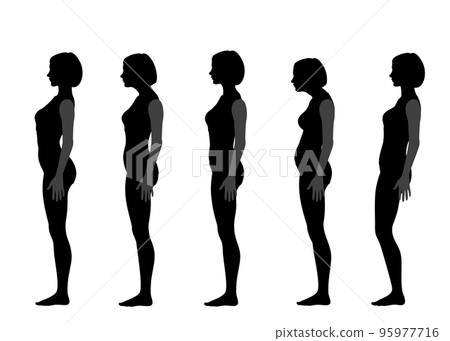 Good posture, hunchback, arched back, straight neck, posterior tilt of the pelvis, forward tilt, full body sideways silhouette set of a woman Good posture, hunchback, arched back, straight neck, posterior tilt of the pelvis, forward tilt, full body sideways silhouette set of a woman 95977716