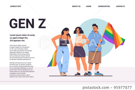 people holding lgbt rainbow flags gay lesbian love parade pride festival transgender love generation Z concept 95977877
