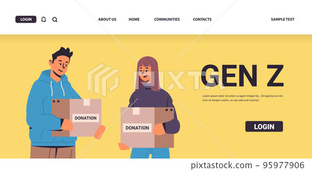 young people holding donation help boxes with medical supplies humanitarian aid material assistance generation Z concept 95977906