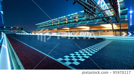Racetrack with start line and arrow neon light decoration Racetrack with start line and arrow neon light decoration 95978117