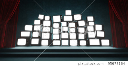 3d rendering of lots of old and vintage TV sets on theatrical stage 95978164