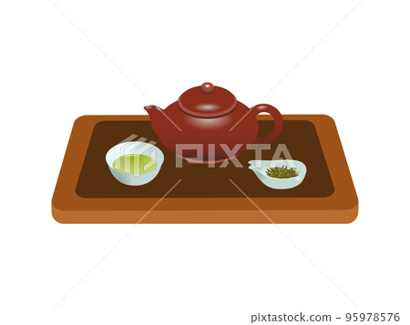 可愛的中式茶具插圖（茶壺、茶杯、茶葉、茶袋、托盤） 95978576