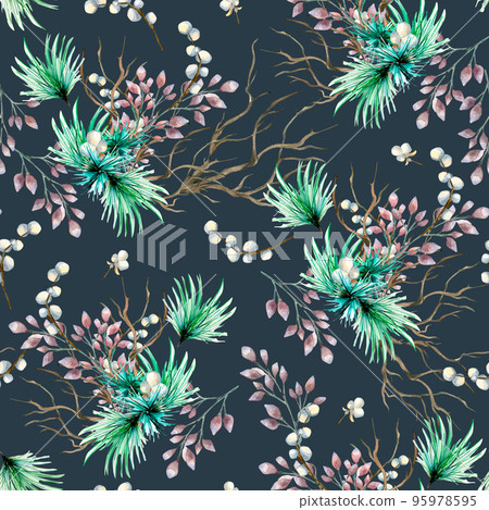 Christmas seamless pattern of winter plants, branch, needles watercolor isolated on dark. 95978595
