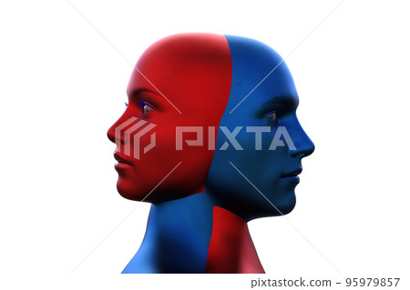 3d render. Merger of a male blue head and a red female head on a white background.  95979857