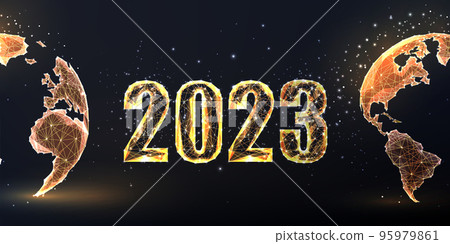 New Year 2023 to World elegant gold greeting card or banner. Futuristic glowing style on black New Year 2023 to World elegant gold greeting card or banner. Futuristic glowing style on black 95979861