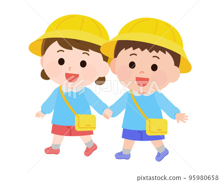幼兒園小朋友和幼兒園小朋友手拉手走路的插畫 幼兒園小朋友和幼兒園小朋友手拉手走路的插畫 95980658