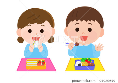 幼兒園小朋友吃飯盒幼兒園小朋友男女插畫 幼兒園小朋友吃飯盒幼兒園小朋友男女插畫 95980659