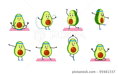 Cute strong Avocado character meditate in yoga pose. Set Vector illustration concept healthy Cute strong Avocado character meditate in yoga pose. Set Vector illustration concept healthy 95981337
