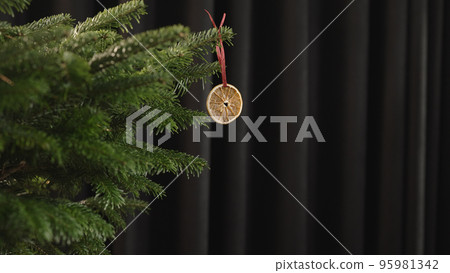 Slow motion handheld shot of green christmass tree with eco decoratios 95981342