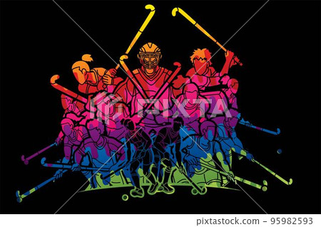 Field Hockey Sport Team Male and Female Players Action Together Cartoon Graphic Vector 95982593