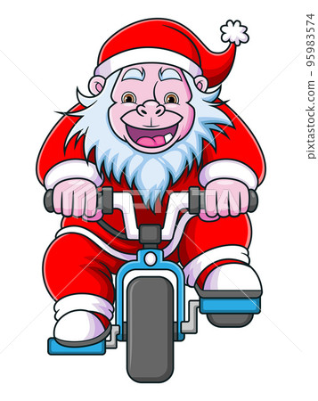 The happy yeti dwarf with the santa claus costume is playing and cycling the bicycle  95983574