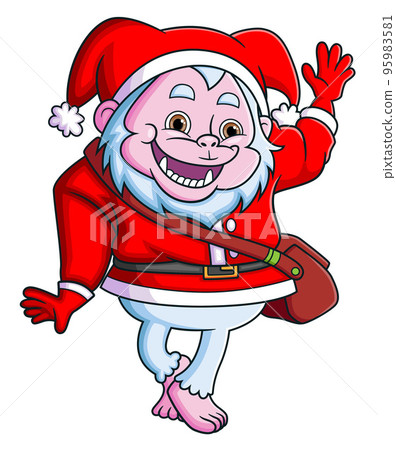 The happy yeti dwarf with the santa claus costume is waving the hand and greeting the people  95983581