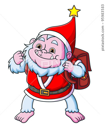 The happy yeti dwarf with the santa claus costume is holding the bag for celebrating the christmas  95983583