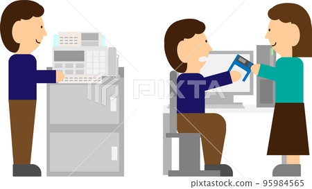 Illustration of a person doing business using a FAX and a floppy disk 95984565