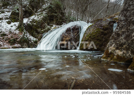 Cascades of Djur-Djur waterfall on Ulu-Uzen river in early spring. Khapkhalskiy canyon in Crimea 95984586