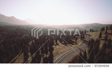 Aerial view of the old road going through pass in the Swiss Alps 95984606