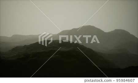 Rocks and mountains in deep fog 95984607