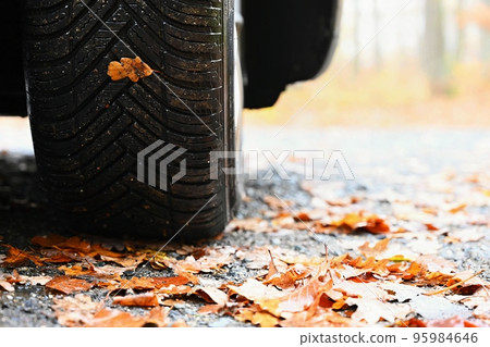 Tires with leaves and car on wet road in autumn season. Foggy and dangerous driving - concept for traffic and road safety. Tires with leaves and car on wet road in autumn season. Foggy and dangerous driving - concept for traffic and road safety. 95984646