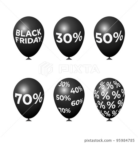 A set of black balloons with the inscription black Friday and percentage discounts 95984785