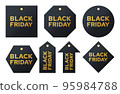 Black friday sales labels. Discount tags golden letters on a dark background collection. Vector set realistic stickers template with great deals 95984788