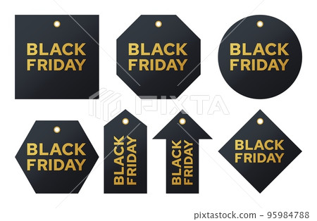 Black friday sales labels. Discount tags golden letters on a dark background collection. Vector set realistic stickers template with great deals 95984788
